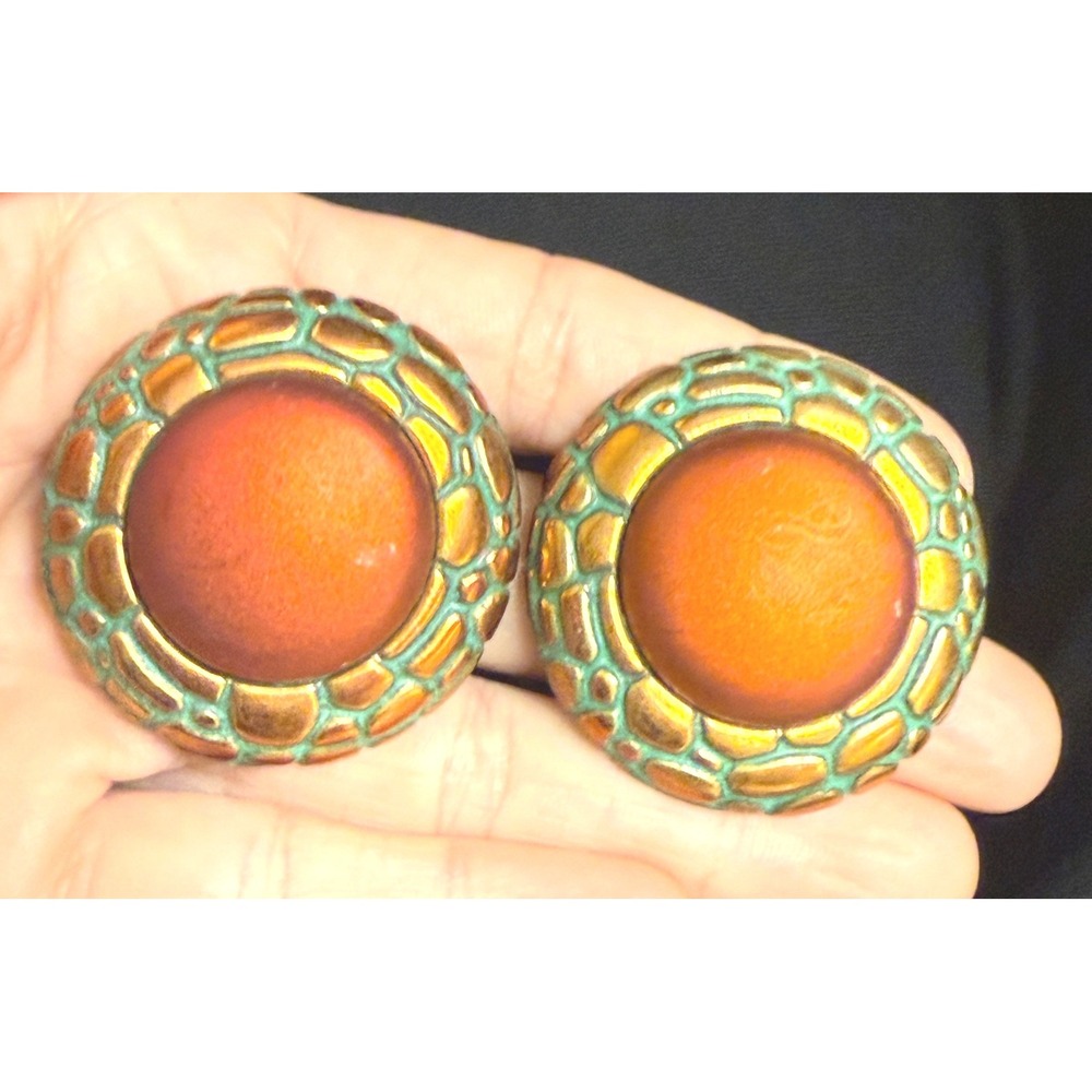 Vintage Burnt Orange Verdigris Bronze Textured Oversized Round Stud Earrings